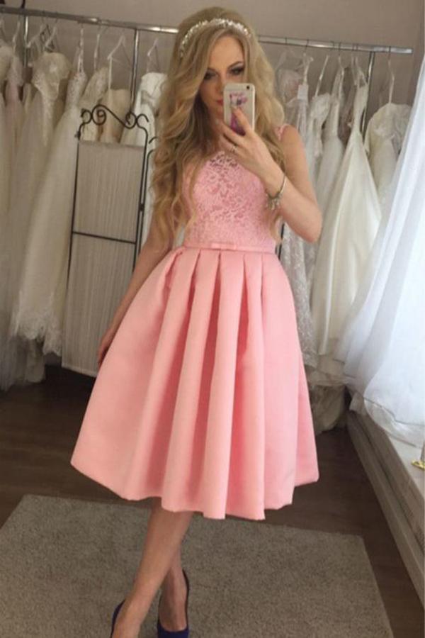 Charming Lace A-line Cute Satin Pink Tea Length Appliques Homecoming Dresses RS861