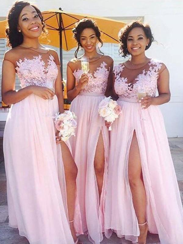 A-Line Pink Princess High Slit Scoop Sleeveless Lace Applique Chiffon Bridesmaid Dresses RS316