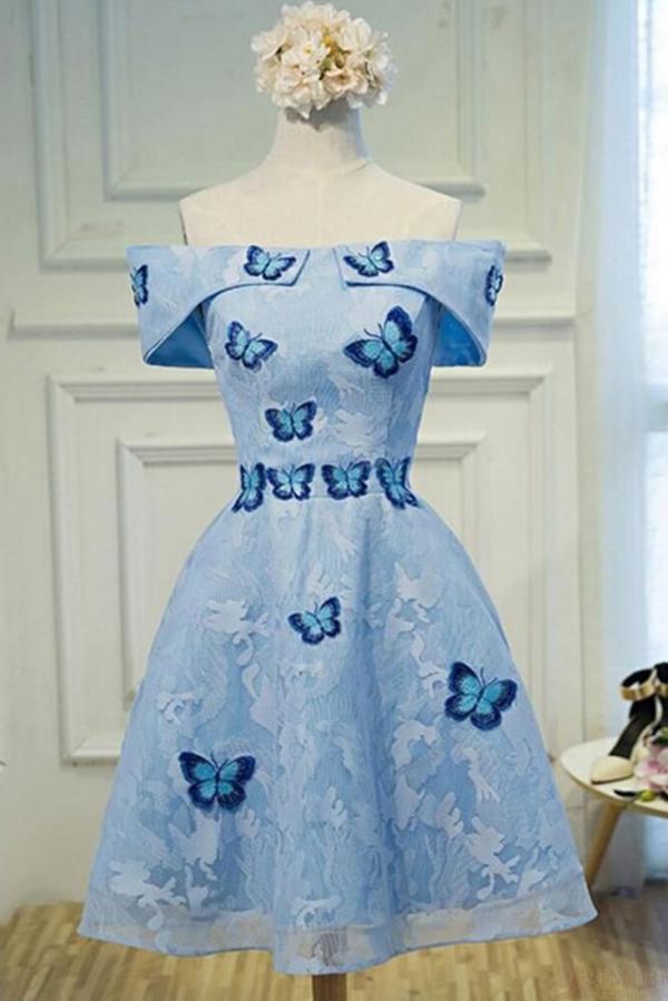 Cute A Line Sky Blue Lace Butterfly Appliques Off the Shoulder Homecoming Dresses RS977