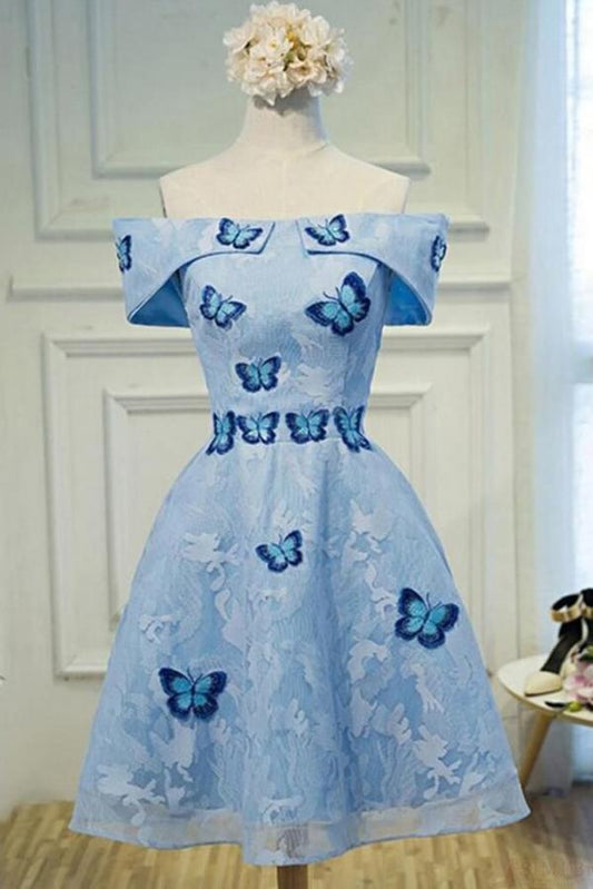 Cute A Line Sky Blue Lace Butterfly Appliques Off the Shoulder Homecoming Dresses RS977