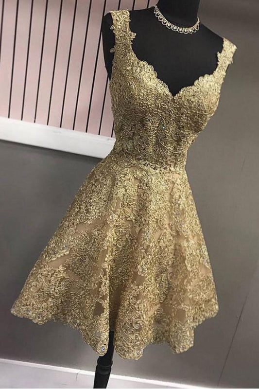 Cute A Line Gold V Neck Lace Appliques Short Prom Dresses Homecoming Dresses RS888