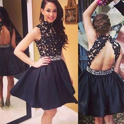 Elegant Short Open Back Lace Black Fitted Halter Cute Mini Homecoming Dresses RS245