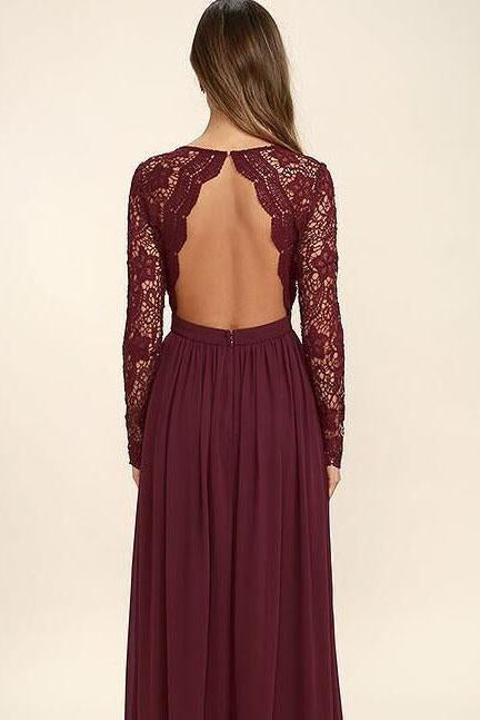 Long Sleeves V-Neck Lace Chiffon Open Back Floor-Length A-Line Burgundy Bridesmaid Dress RS168