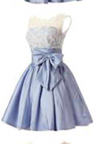 Fashion A-line Scoop Short Taffeta Blue Homecoming/Bridesmaid Dress With Bowknot RS478