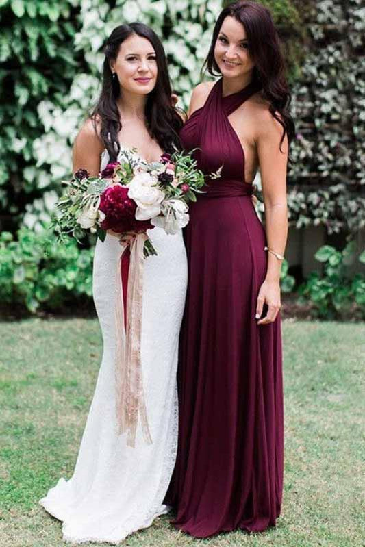 Charming Burgundy A-Line Halter Backless Maroon Chiffon Bridesmaid Dress with Sash RS16