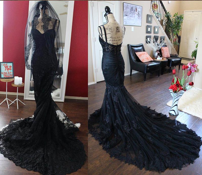 Charming Black Lace Spaghetti Strap Sweetheart Backless Mermaid Sweep Train Evening Dresses RS249