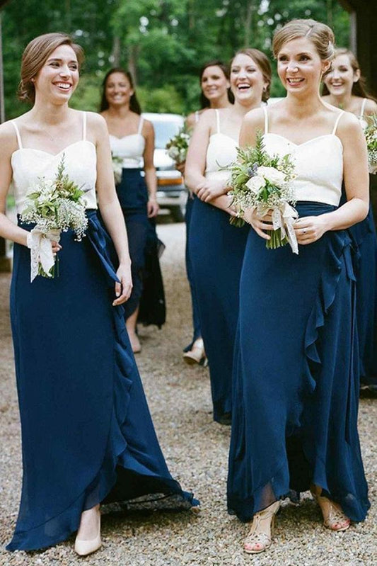 A-Line Spaghetti Straps Dark Blue Chiffon Bridesmaid Dresses With Ruffles Sweetheart RS344