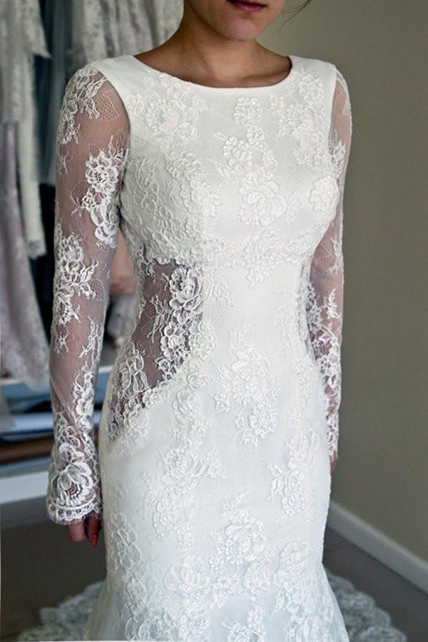 Long Sleeves Open Back Lace Appliques Scoop Mermaid Long Beach Wedding Dresses RS844