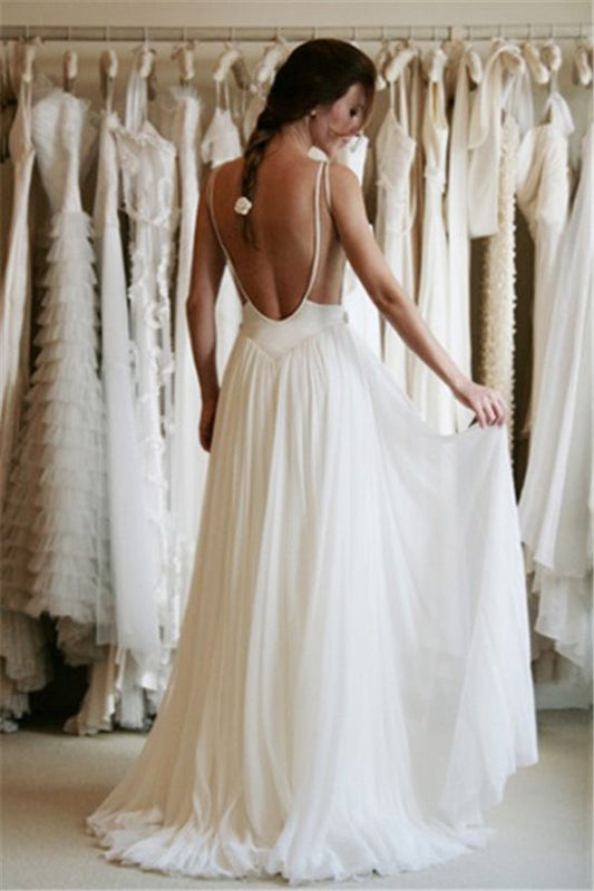 Sweetheart Spaghetti Appliques Backless Beach Wedding Dresses