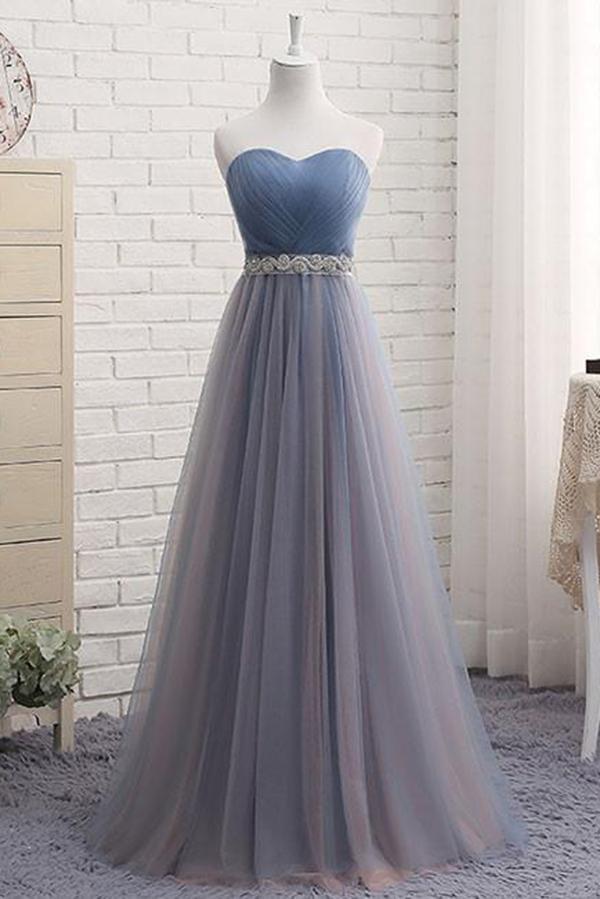 Cute A Line Sweetheart Tulle Blue Strapless Beads Prom Dress Bridesmaid Dresses RS807