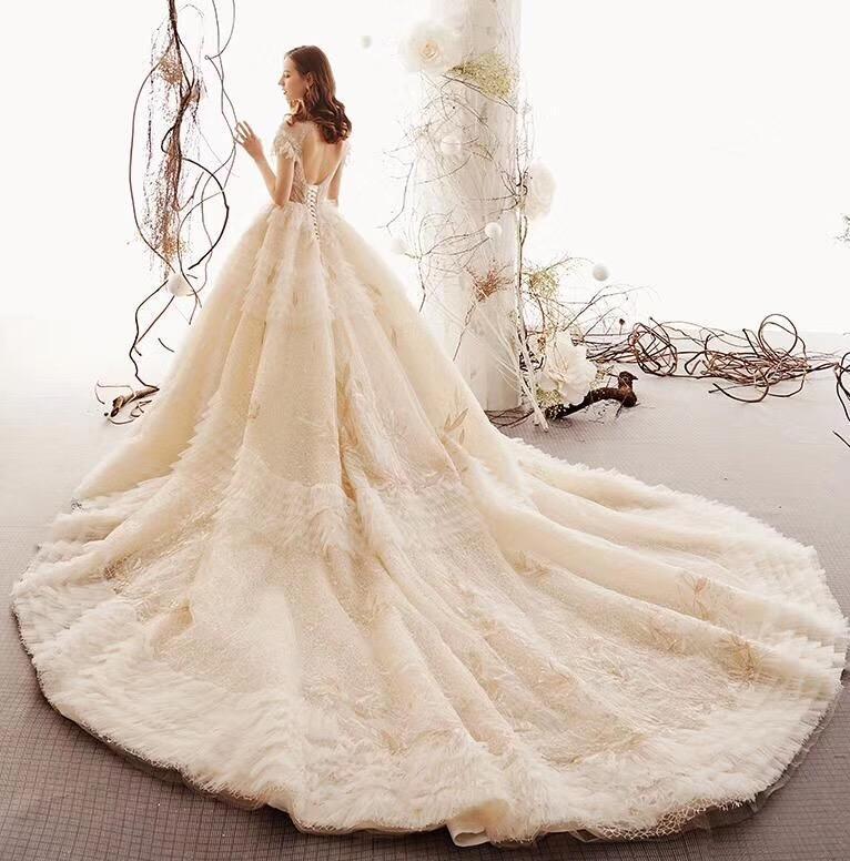 Elegant High Neck Ball Gown Wedding Dresses Short Sleeve Quinceanera Dresses RS773