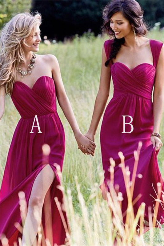 Red Cheap Chiffon Floor Length Side Split Long Sweetheart Sleeveless Bridesmaid Dress RS351