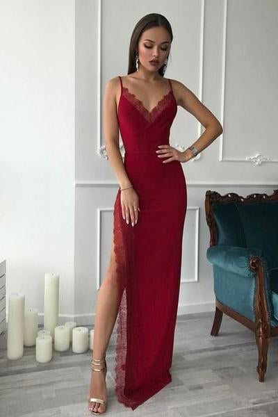 Burgundy Spaghetti Straps Side High Slit V Neck Satin Mermaid Long Prom Dresses RS311