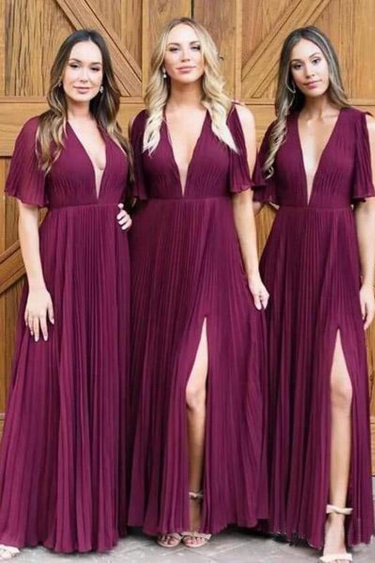 Simple Deep V Neck Short Sleeve Side Slit Long Bridesmaid Dresses With Pleats