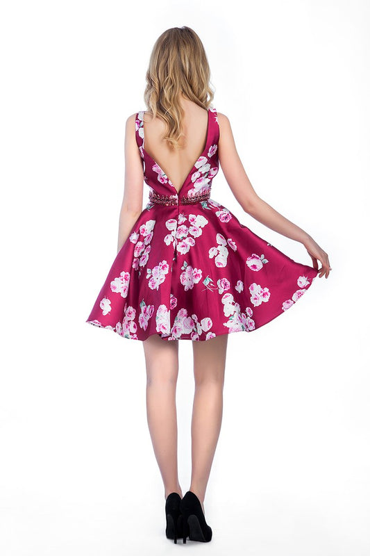 2024 A Line V-Neck Short/Mini Satin Floral Homecoming Dresses