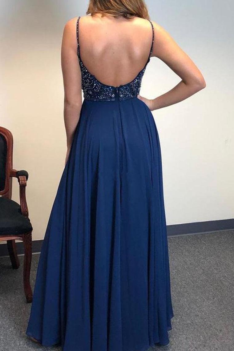 Spaghetti Strap Floor Length Prom Dresses With Slit V Neck Beads