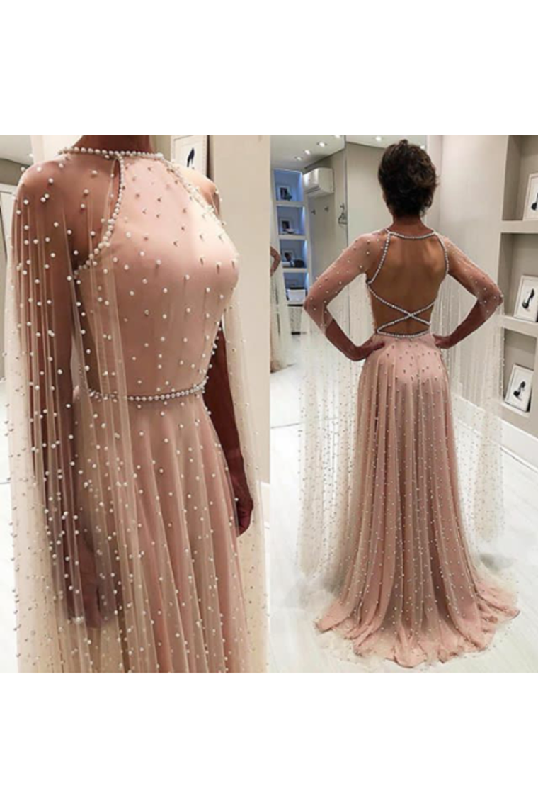 Cape Sleeve Long Prom Dresses With Pearls Tulle