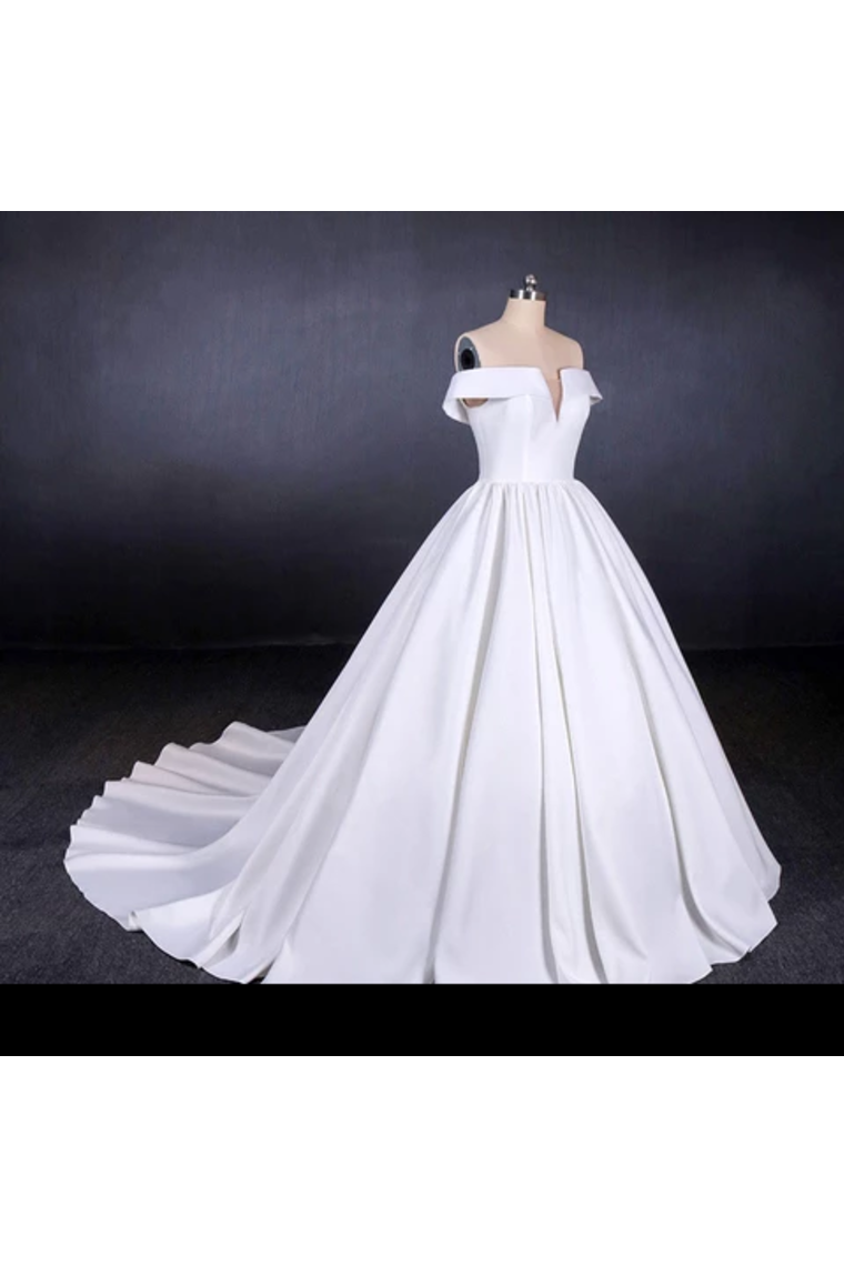 Puffy Off The Shoulder Satin Wedding Dress, Ball Gown Long Bridal Dress With Long Train