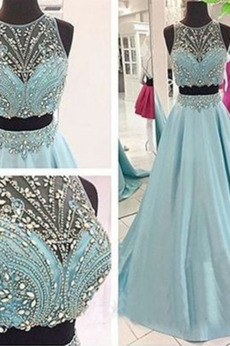 2024 Gorgeous Two Pieces Satin Prom Dresses With Beaded Bodice Sweep Train