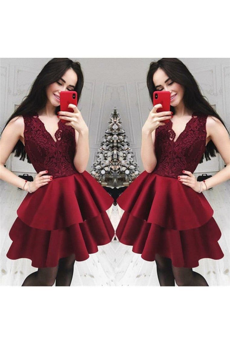 Lace&Satin Short Homecoming Dress V Neck Zipper SRSP54P677Y