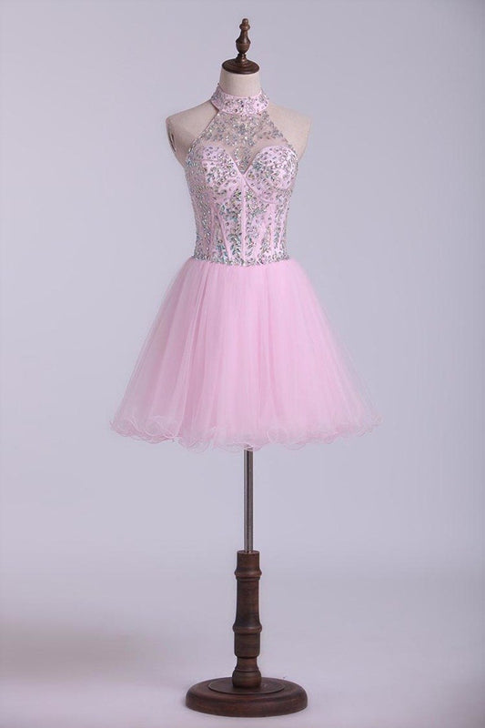 2024 Halter A-Line Short/Mini Homecoming Dresses With Beads Tulle