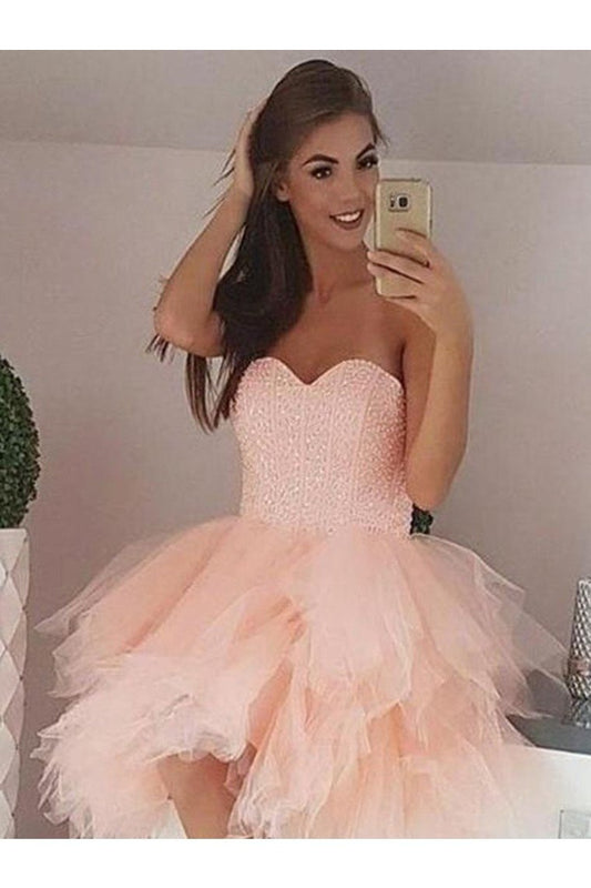 A-Line/Princess Tulle Beading Sweetheart Sleeveless Short/Mini Homecoming Dresses