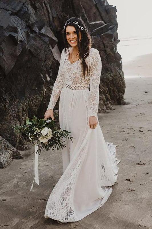 Charming A Line Long Sleeves V Neck Lace Ivory Beach Wedding Dresses, Bridal SRS15623