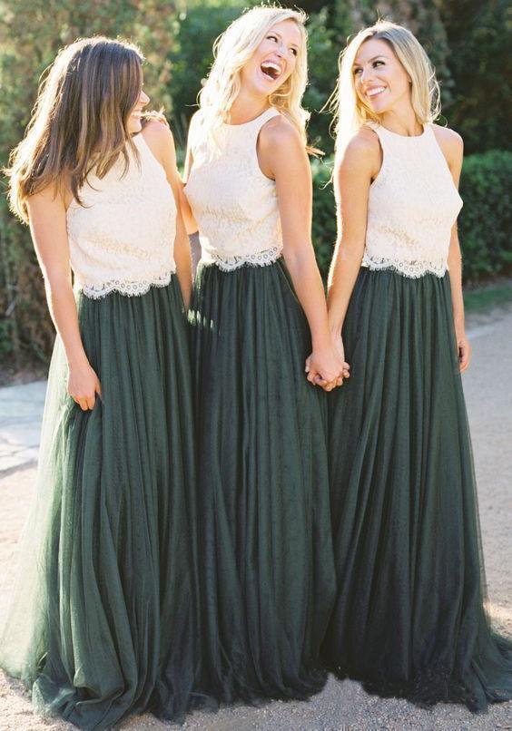 A Line Lace Bodice Green and White Tulle Long Round Neck Bridesmaid Dresses RS285