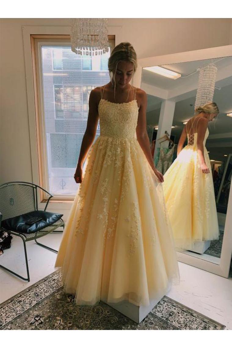 Daffodil V-Neck A-Line Tulle Long Prom Dresses With Appliques