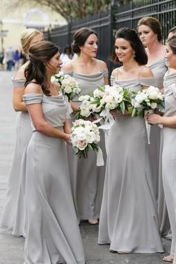 A Line Off the Shoulder Grey Chiffon Cheap Long Prom Dresses Bridesmaid Dresses RS262