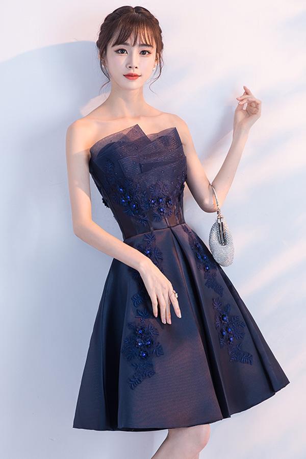 Navy Blue Beads Appliques Strapless A-Line Lace up Homecoming Dress Graduation Dress RS573