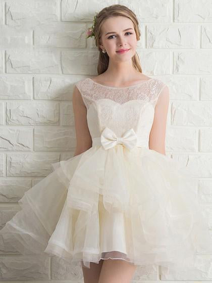 Scoop Neck Lace Tulle Bowknot Organza Lace up Short Prom Dress Homecoming Dresses RS941