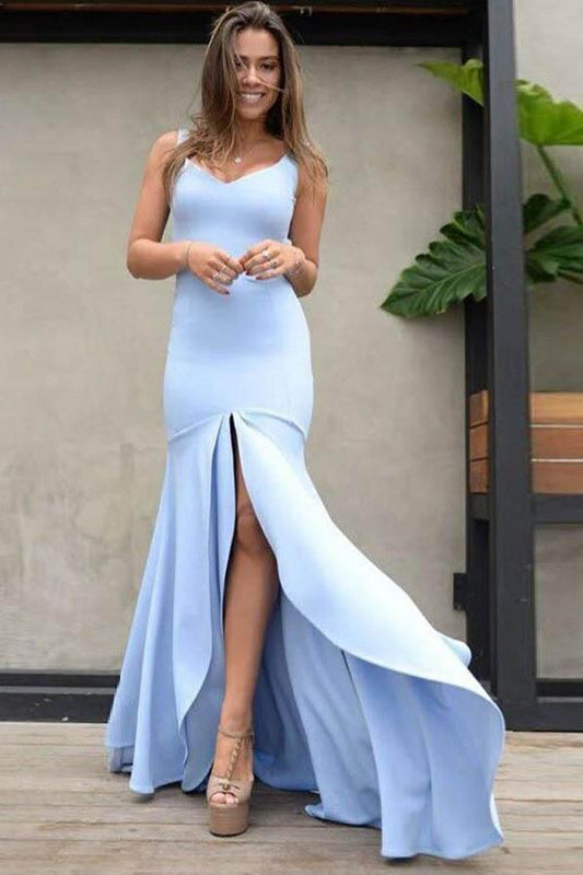 Elegant Mermaid Scoop Backless Blue Satin Sweetheart Slit Prom Dresses with Split RS71