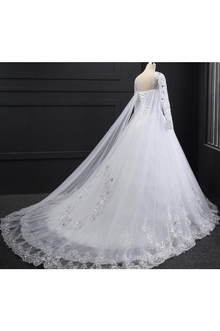 Sweetheart Wedding Dresses A Line With Beading Rhinestones Tulle Long Sleeves Chapel Train