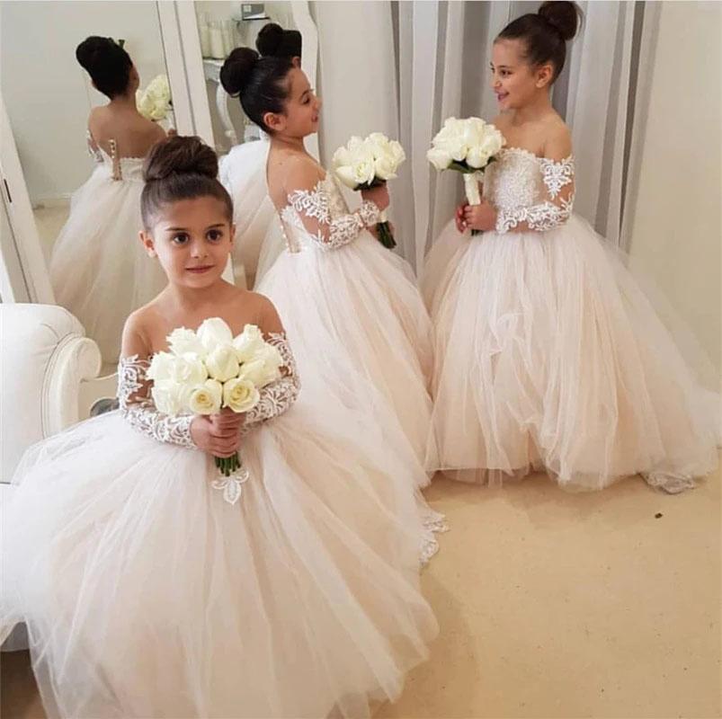 Ball Gown Long Sleeve Tulle Appliques Flower Girl Dresses with Bowknot, Baby Dresses SRS15560