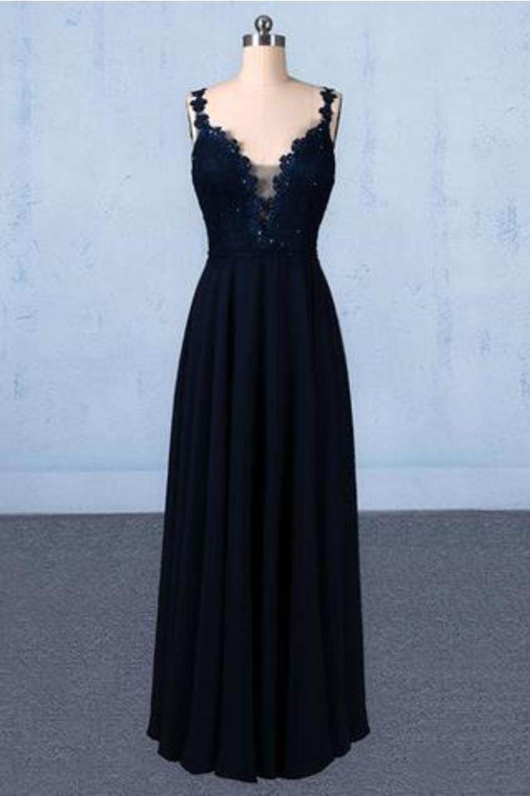 Dark Navy Blue Straps Floor Length Evening Dresses, Long Chiffon Prom Dress With Lace