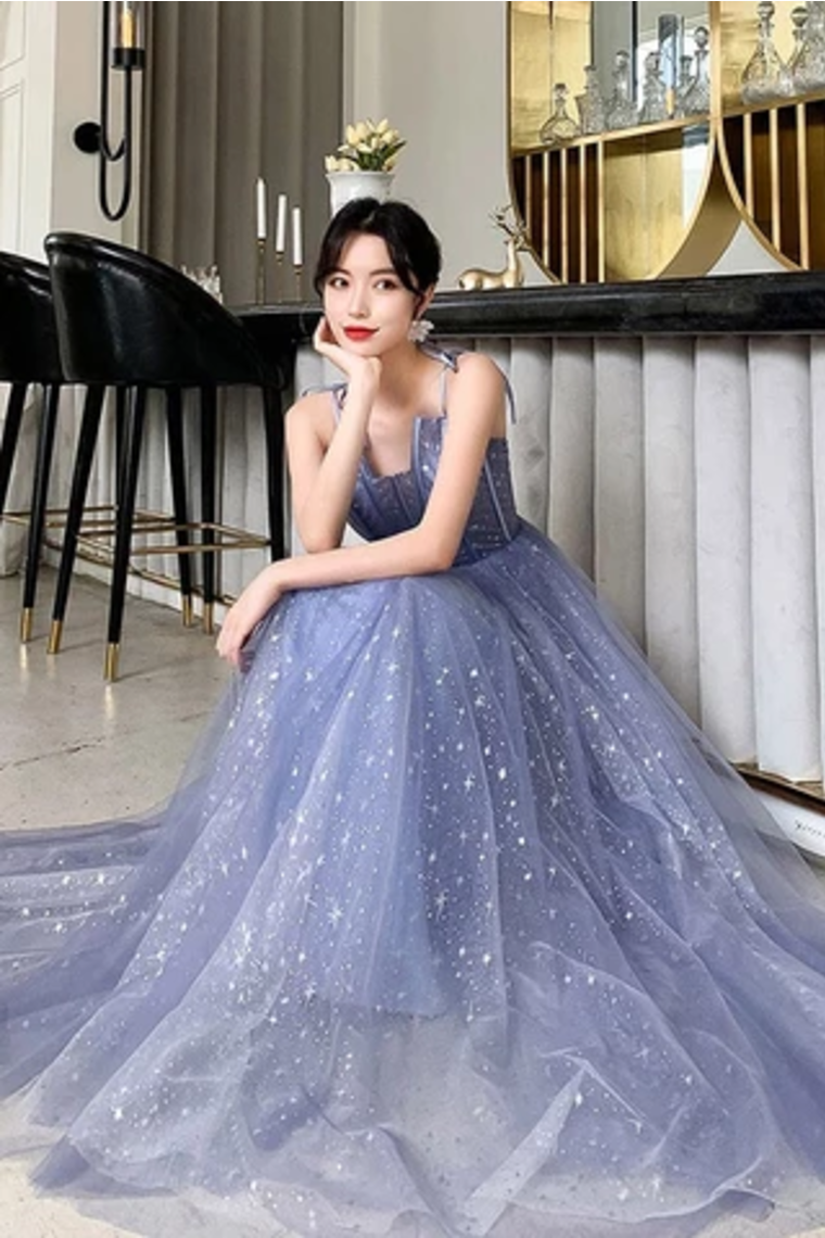 Unique Sparkle Straps Floor Length Tulle Prom Dress, A Line Sleeveless Evening Dresses