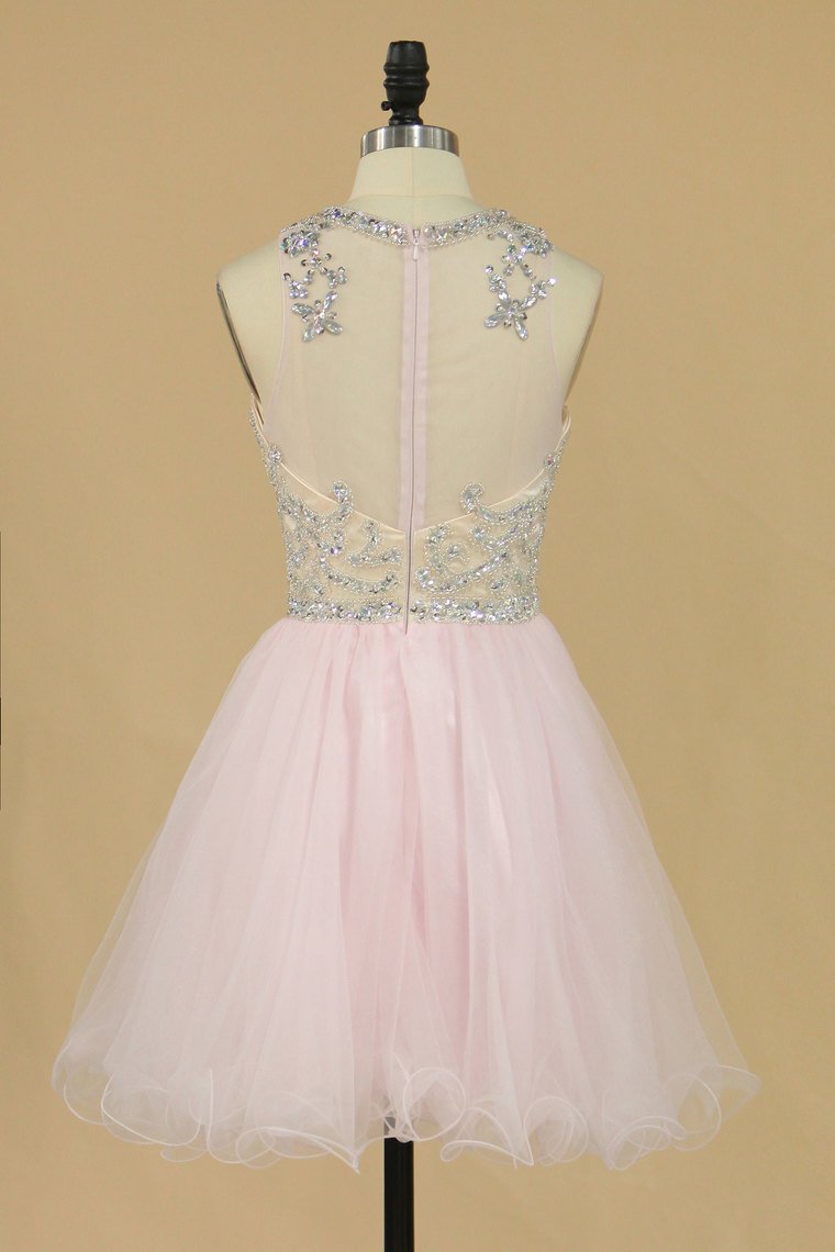 2024 Scoop A-Line Homecoming Dresses Beaded Bodice Tulle Short/Mini