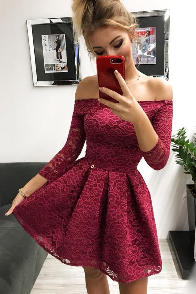 Cute Off the Shoulder Long Sleeves Burgundy Lace Homecoming Dresses Sweet 16 Dresses SRS14972