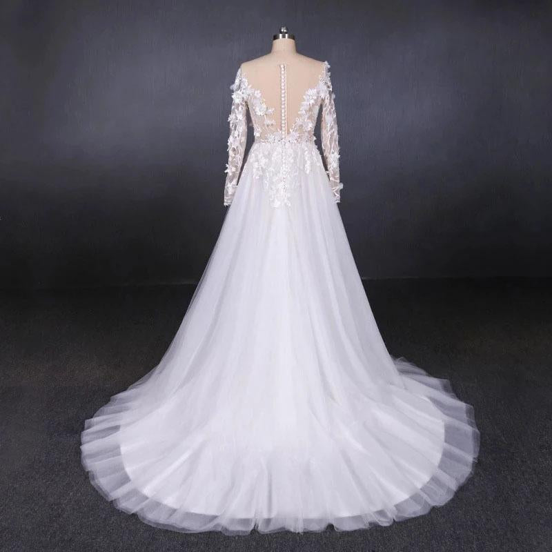 Long Sleeves White A-line Tulle Beach Wedding Dresses with Lace Appliques, Bridal Dress SRS15255