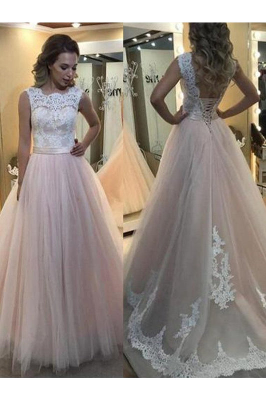 A-Line/Princess Bateau Sleeveless Sweep/Brush Train Lace Tulle Dresses