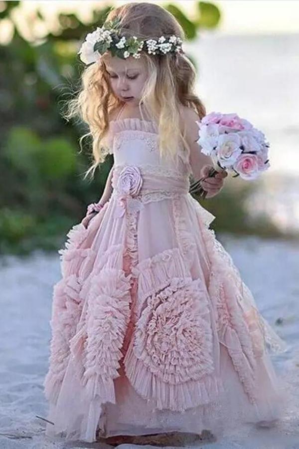 2024 Princess A Line Lovely Long Hand-Made Flower Chiffon Flower Girl Dresses RS672