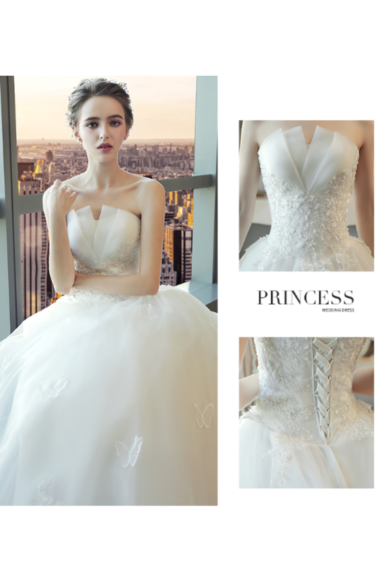 Ball Gown Tulle Wedding Dresses Strapless Appliques Beads Court Train