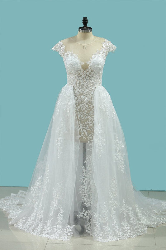 2024 Sexy Beach Scoop Wedding Dresses Sheath Lace See-Through