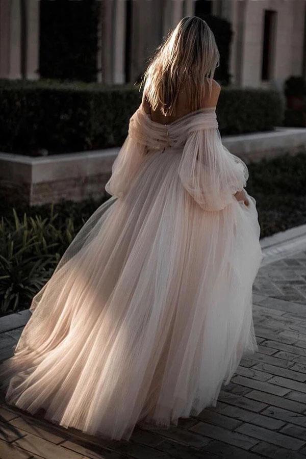 Princess Long Puff Sleeves Off the Shoulder Tulle Wedding Dresses, Beach Wedding Gowns SRS15298