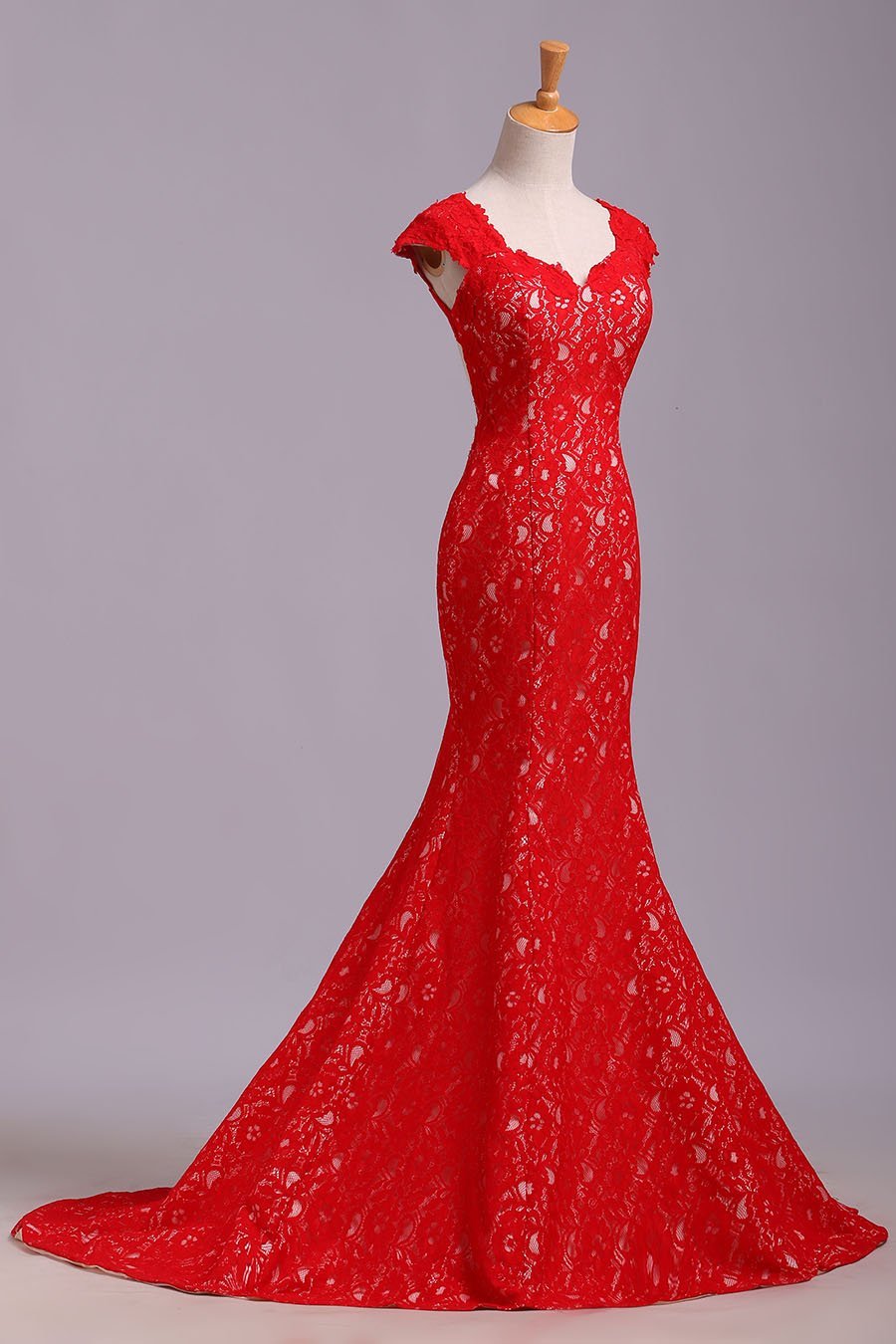 Elegant Red Sweetheart Mermaid Lace Cap Sleeve Open Back Prom Dress Party Dresses RS175