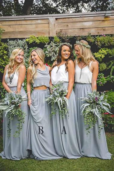 A-Line Two Piece V-Neck Sleeveless Floor-Length Gray Chiffon Bridesmaid Dress RS328