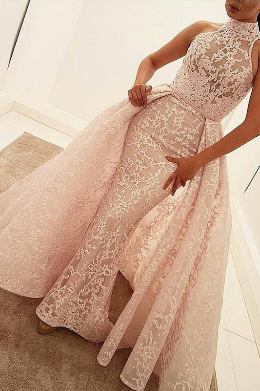 Mermaid High Neck Court Train Detachable Light Pink Lace Quinceanera Dress Prom Dresses RS207