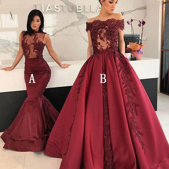 Burgundy Long Affordable Appliques Mermaid Lace Appliques Prom Dresses RS300