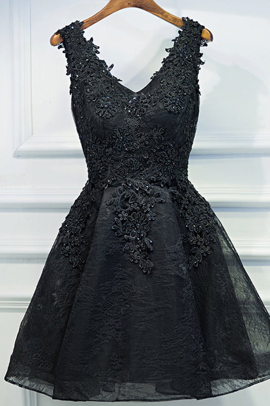 2024 Fantastic V-Neck Homecoming Dresses A Line Lace Black Lace Up